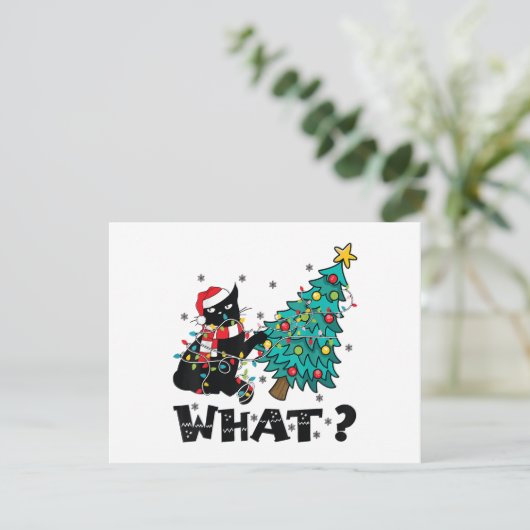 WAT Grappige zwarte kat sinterklaas duwen kerstboo Feestdagenkaart (Staand voorkant)