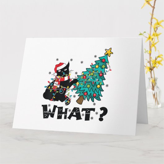 WAT Grappige zwarte kat sinterklaas duwen kerstboo Kaart (Gele Bloem)