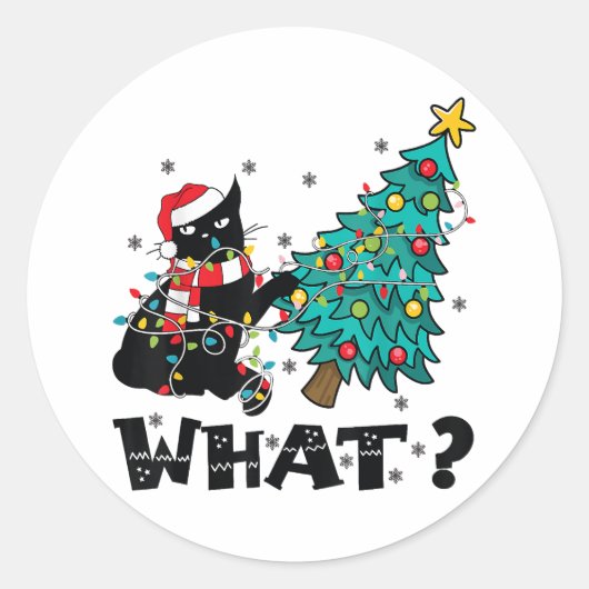 WAT Grappige zwarte kat sinterklaas duwen kerstboo Ronde Sticker (Voorkant)