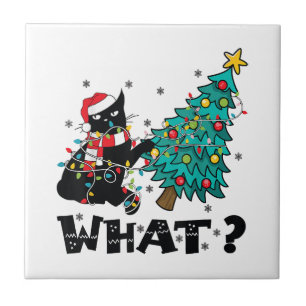WAT Grappige zwarte kat sinterklaas duwen kerstboo Tegeltje