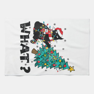 WAT Grappige zwarte kat sinterklaas duwen kerstboo Theedoek
