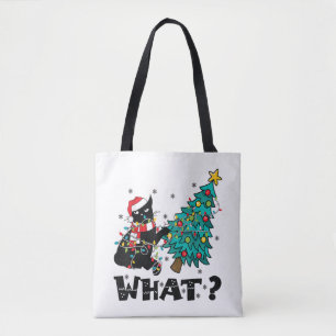 WAT Grappige zwarte kat sinterklaas duwen kerstboo Tote Bag