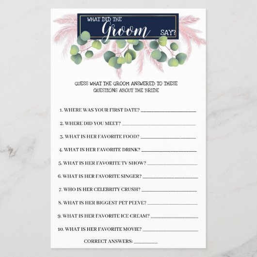 Wat Groom zegt Pampas Grass BridalShower Game Card Flyer (Voorkant)