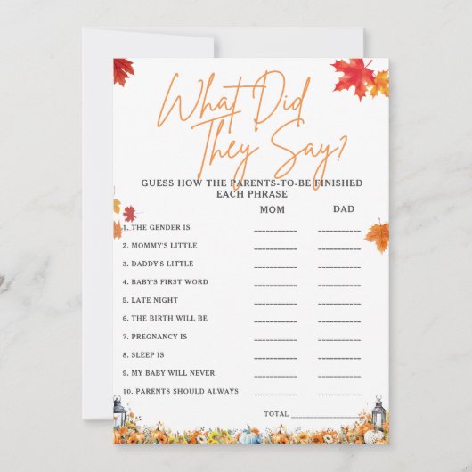 WAT HEBBEN ZE GEZEGD Baby shower Game Little Pumpk Kaart (Voorkant)