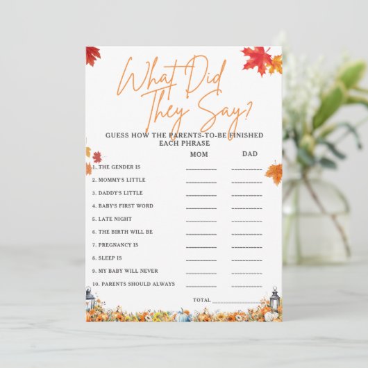 WAT HEBBEN ZE GEZEGD Baby shower Game Little Pumpk Kaart (Staand voorkant)