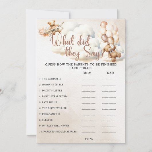 WAT HEBBEN ZE GEZEGD Baby shower Game Schattige Be Kaart (Voorkant)