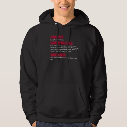 Wat ik zeg dat ik een softwareontwikkelaar ben wat hoodie (Voorkant)