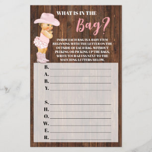 Wat in de tas, cowgirl Baby shower Game card Flyer