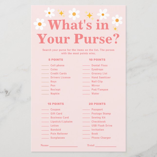 Wat in je tas spel Pink Daisy baby shower (Voorkant)