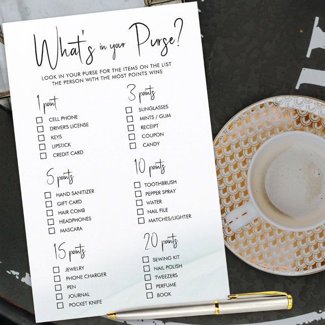 Wat in je Vrijgezellenfeest Game Green Wash (Bridal shower game to score points depending on What's in your Purse)