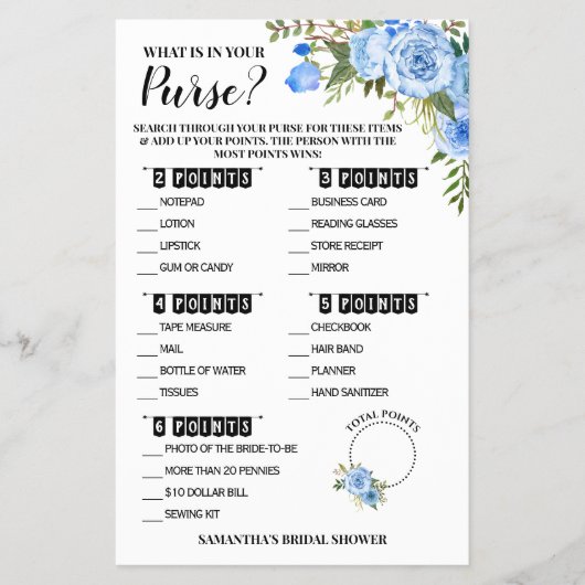 Wat in uw Purse Vrijgezellenfeest Blue Game Kaart (Voorkant)
