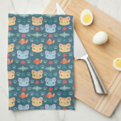 Wat is Cool, Kitty Kat in Blauw en Geel Theedoek (Quarter Fold)