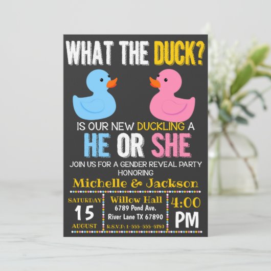 Wat is de Duck Hij of zij maakt uitnodiging bekend (Staand voorkant)