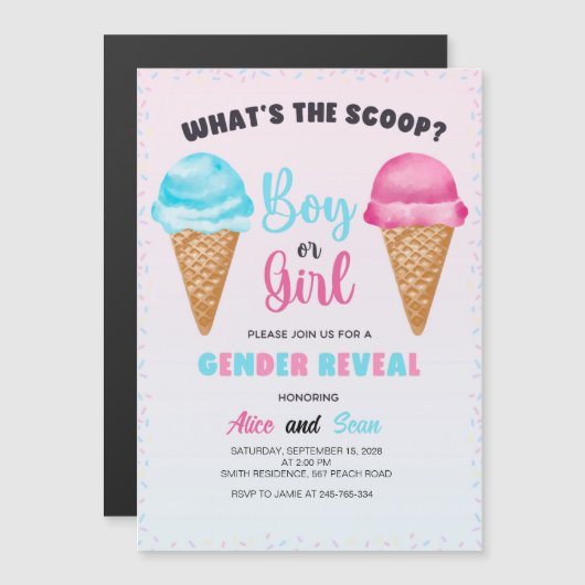 Wat is de Scoop Celebration-Sweet Gender Reveal! Magnetische Uitnodiging (Voorkant / Achterkant)