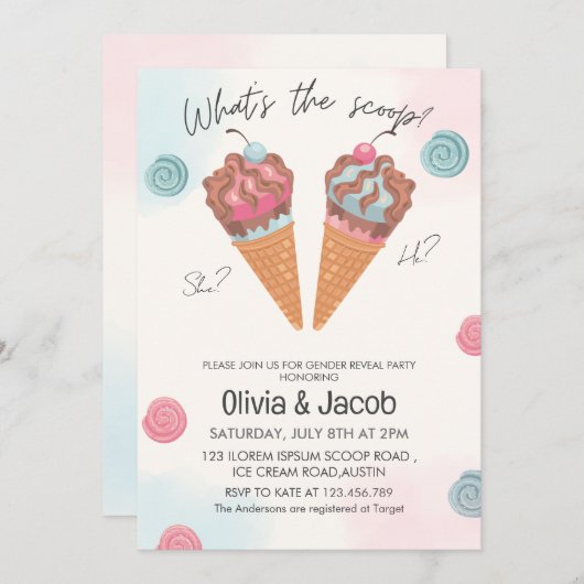 Wat is de scoop ijs geslacht onthullen partij kaart (Voorkant / Achterkant)