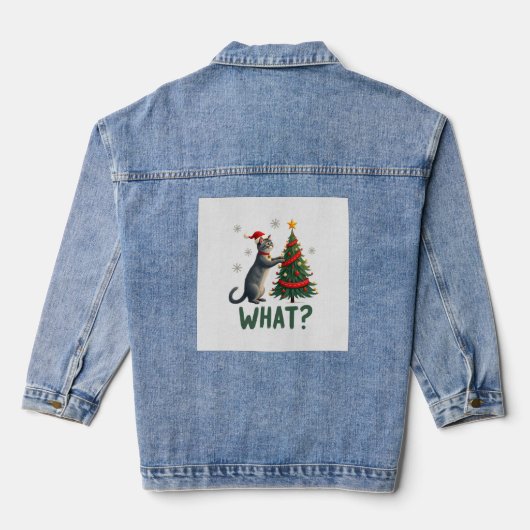 Wat is die grappige kat die kerstboom omver duwt K Denim Jacket (Achterkant)