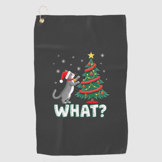 Wat is die grappige kat die kerstboom omver duwt K Golfhanddoek (Voorkant)