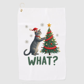 Wat is een grappige kat die een kerstboom omver du golfhanddoek
