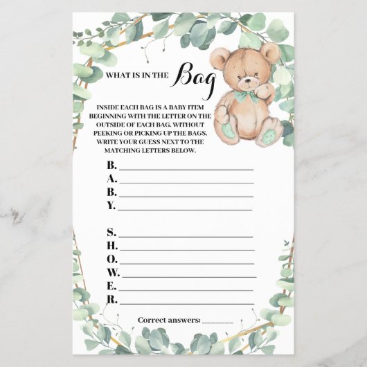 Wat is er in de Bag Beer Baby shower Game Card Flyer (Voorkant)