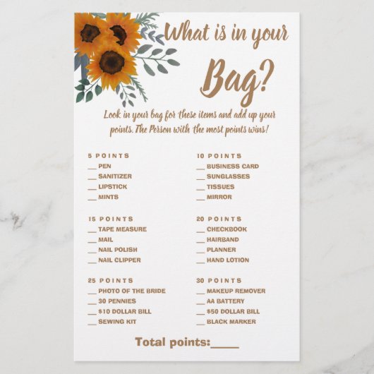 Wat is er in uw Bag Shower Game Card Sunflower? Flyer (Voorkant)
