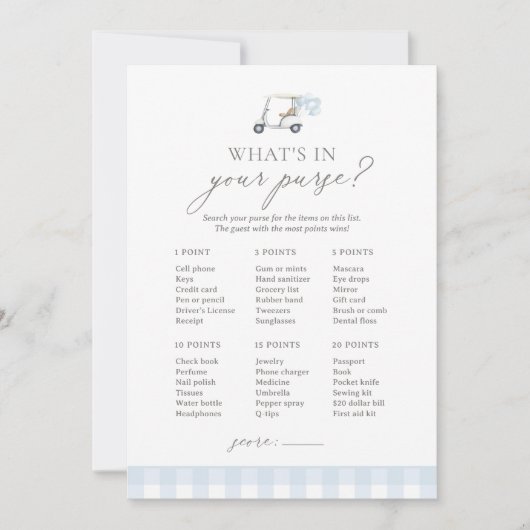 Wat is er in uw Purse Golf Baby shower spel Kaart (Voorkant)