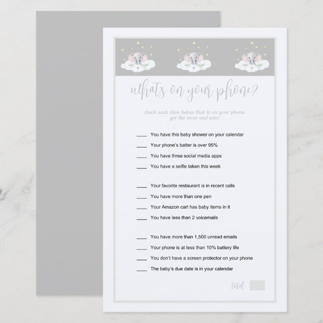 Wat is er op je telefoon spel Olifant Baby shower (Voorkant / Achterkant)