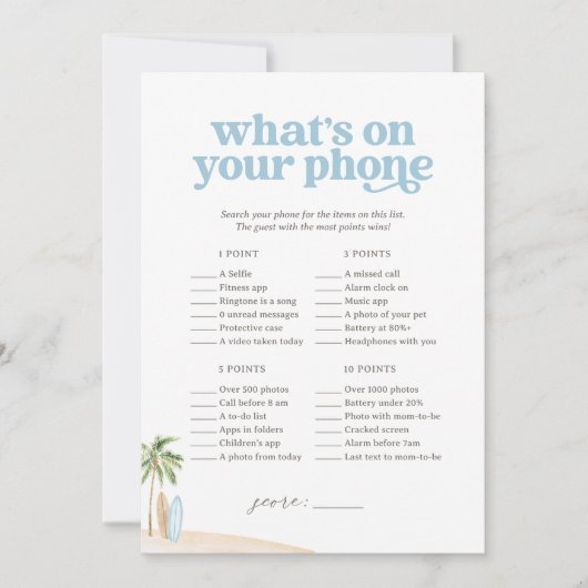 Wat is er op uw telefoon Baby Beach Shower spel Kaart (Voorkant)