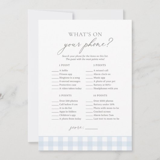Wat is er op uw telefoon Blue Gingham Baby shower  Kaart (Voorkant)