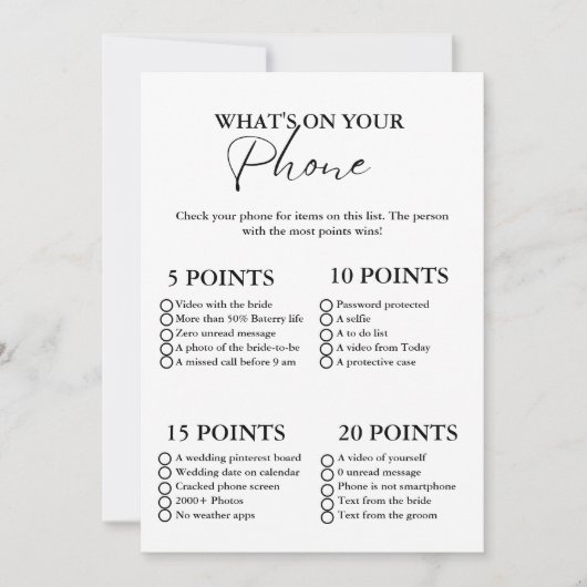 Wat is er op uw telefoon vrijgezellenfeest spel ka kaart (Voorkant)