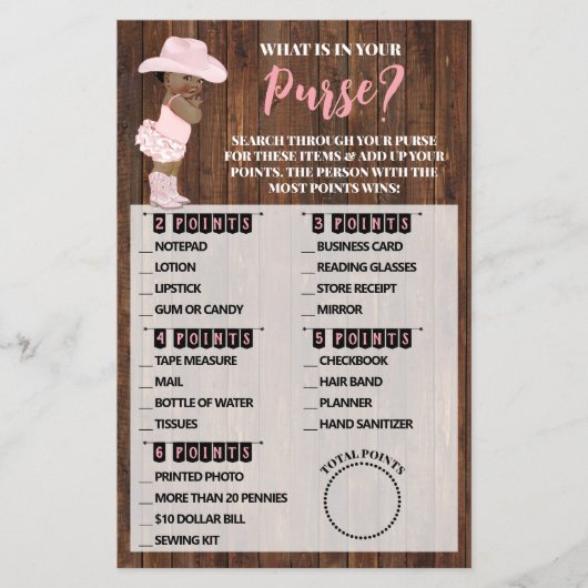 Wat is In Purse AA Cowgirl Baby shower Game Kaart (Voorkant)
