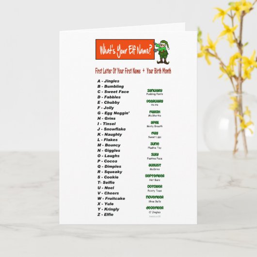 Wat is je elfennaam Kerstkaart om aan te passen! Kaart (Gele Bloem)
