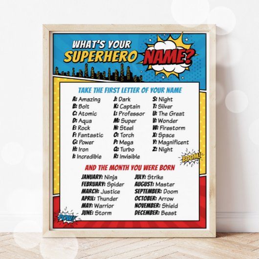 Wat is jouw superheld Name Party game Poster? Poster