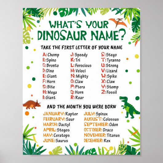 Wat is uw Dinosaur Name Party Poster (Voorkant)