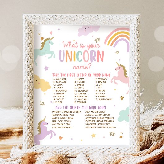 Wat is uw eenhoorn naam magische verjaardag spel poster