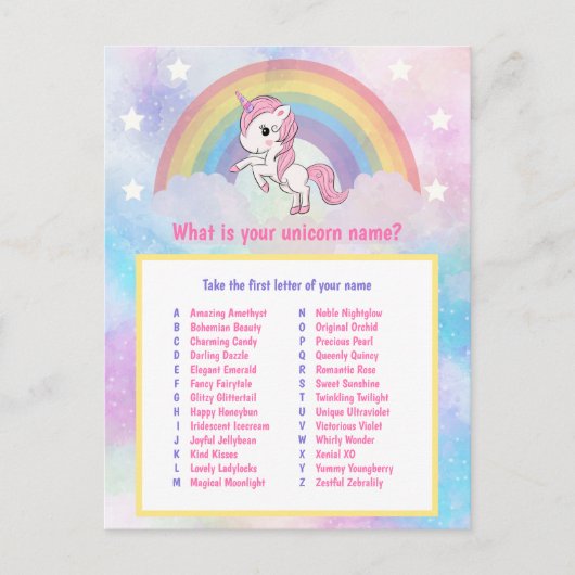 Wat is uw Unicorn Name Game Briefkaart (Voorkant)