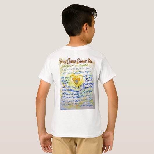 Wat kanker niet kan doen (blauwe en goudtekst) t-shirt (Achterkant volledig)