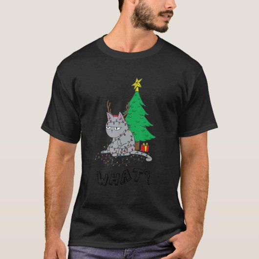 Wat Kat Grappige Kat Leunend Tegen Kerstboom T-shirt (Voorkant)