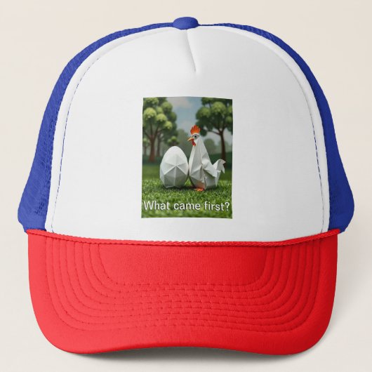 Wat kwam eerst de kip of het ei? trucker pet (Voorkant)