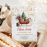 Wat leuk | Rode Gouden Winter Wonderland Verjaarda Kaart<br><div class="desc">Verrukking in de charme van een elegante rode winterslee,  liefdevol met een gedempte groene kerstboom en hartverwarmende cadeaus. De aandacht voor detail brengt deze grillige scène tot leven,  die herinneringen oproept aan de eerste kerstmissen en de magie van de kindertijd.</div>