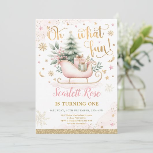 Wat leuk | Roze Winter Wonderland 1e verjaardag Kaart (Staand voorkant)