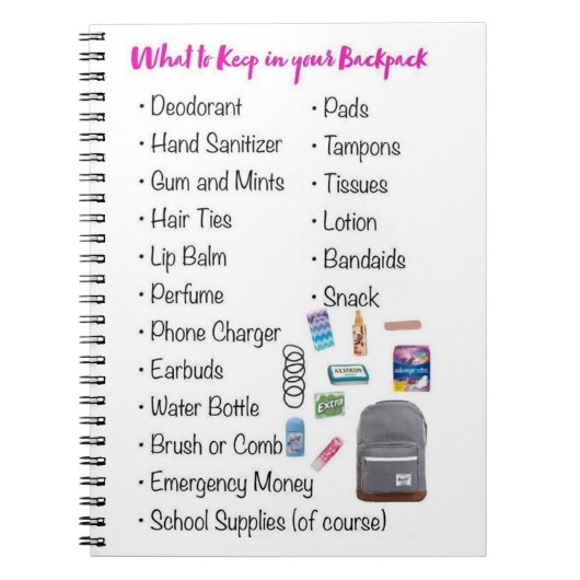 Wat moet u in uw rugzak houden? notitieboek (Voorkant)