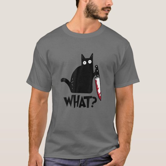 Wat? Murderous Black Cat met Knife Halloween T-shirt (Voorkant)