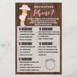 Wat op je telefoon Cowgirl Baby shower Game Kaart