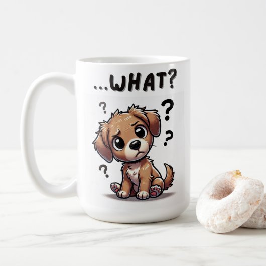 "... wat?" Schattige verwarde Cartoon puppy Koffiemok (Met donut)