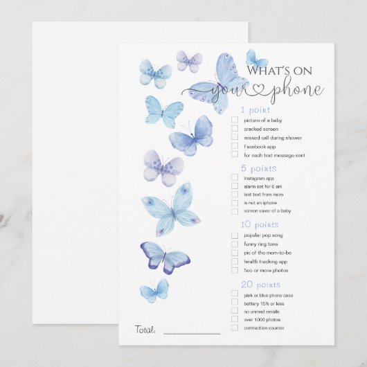 Wat staat er op je Phone Blue Butterflies Game? Kaart (Voorkant / Achterkant)