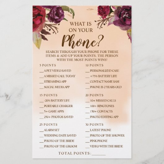 Wat staat er op je Phone Burgundy Shower Game Kaar Flyer (Voorkant)