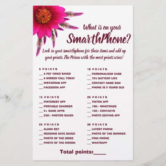 Wat staat er op je telefoon Shower Game Card Paars Flyer (Voorkant)