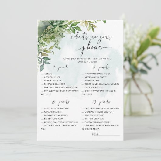 Wat staat er op jouw telefoon Baby Shower spel Kaart (Staand voorkant)