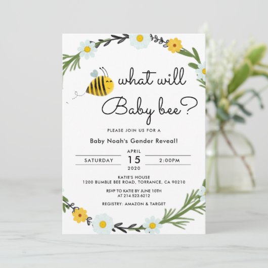 Wat wordt baby Bee Baby Shower Geslacht Reveal Kaart (Staand voorkant)
