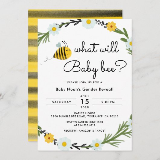 Wat wordt baby Bee Baby Shower Geslacht Reveal Kaart (Voorkant / Achterkant)